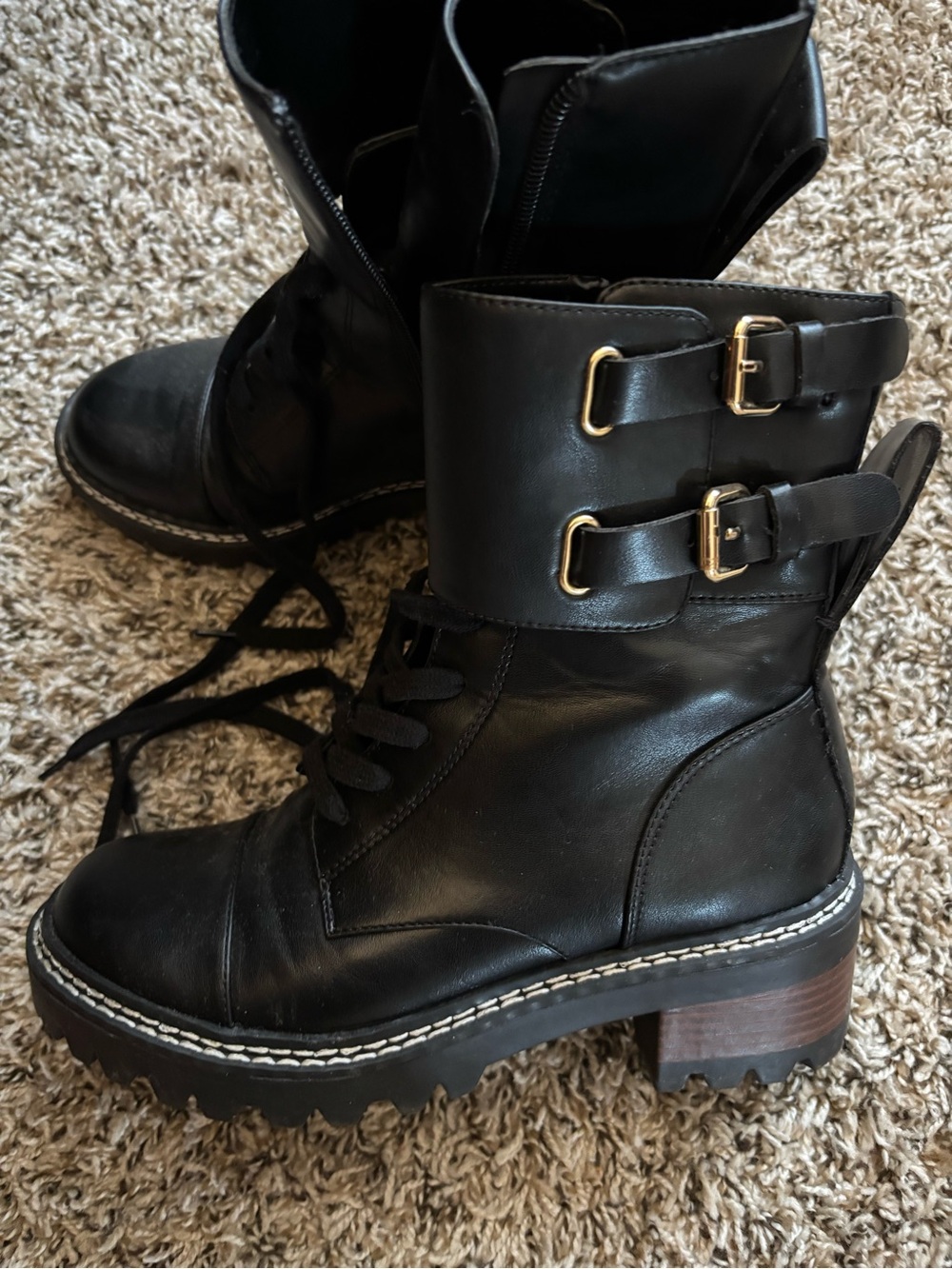 BCBG Black Lace-Up Ankle Combat Boots with Contrast Stitching